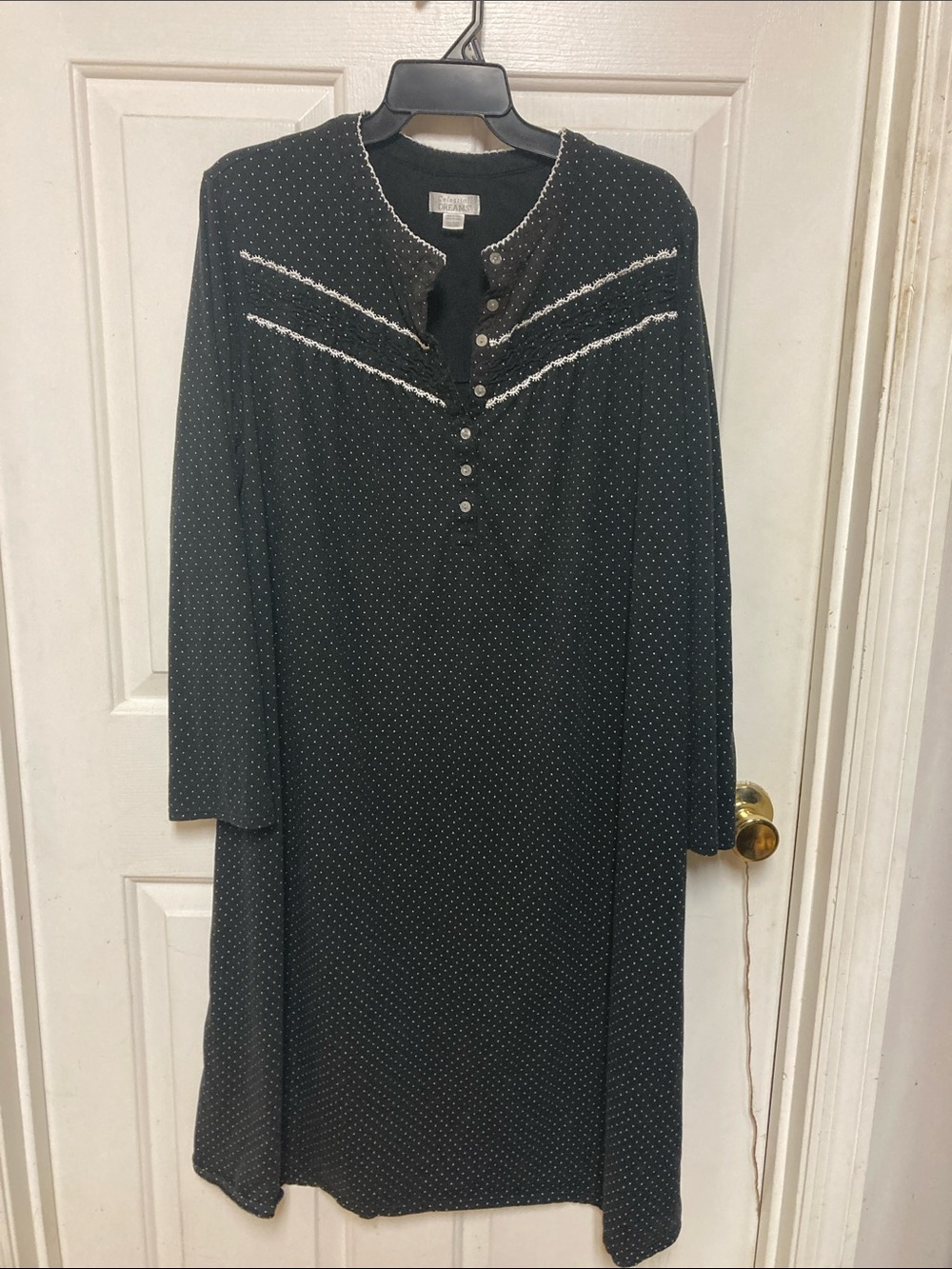 Black Polka Dot Long Sleeve Nightgown with Contrast Trim